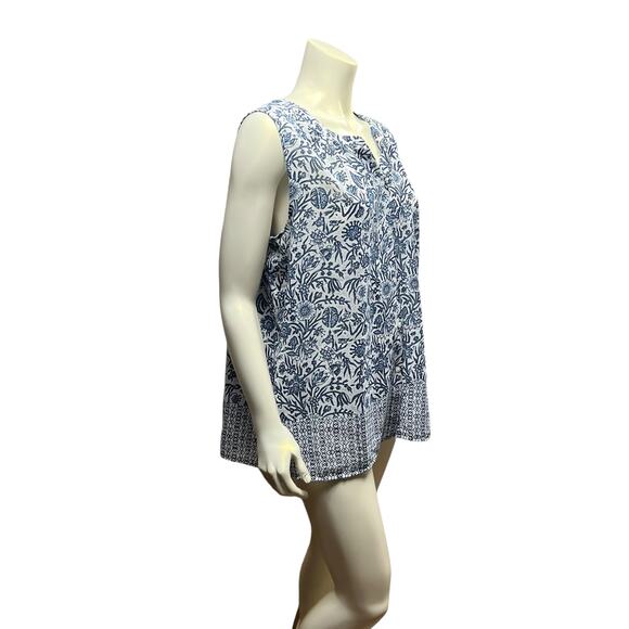 Liz Claiborne Blue & White Paisley Floral Sleeveless Blouse Semi-Sheer Large - Picture 10 of 12